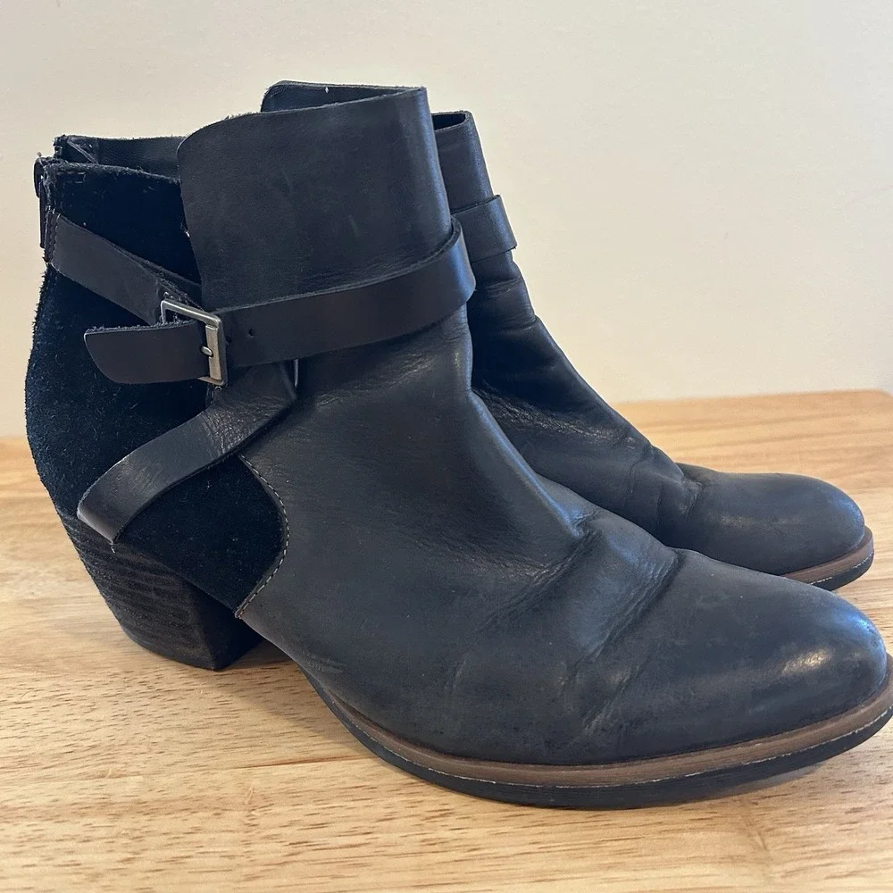 Women Korks Black Leather Suede Buckle Strap Ankle Heeled Boots Booties 8.5‎